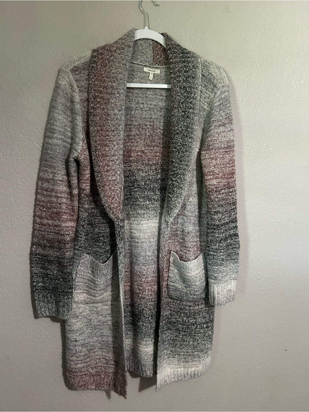 Maurices Ombre Shawl-Collar Cardigan in Gray and Mauve Tones